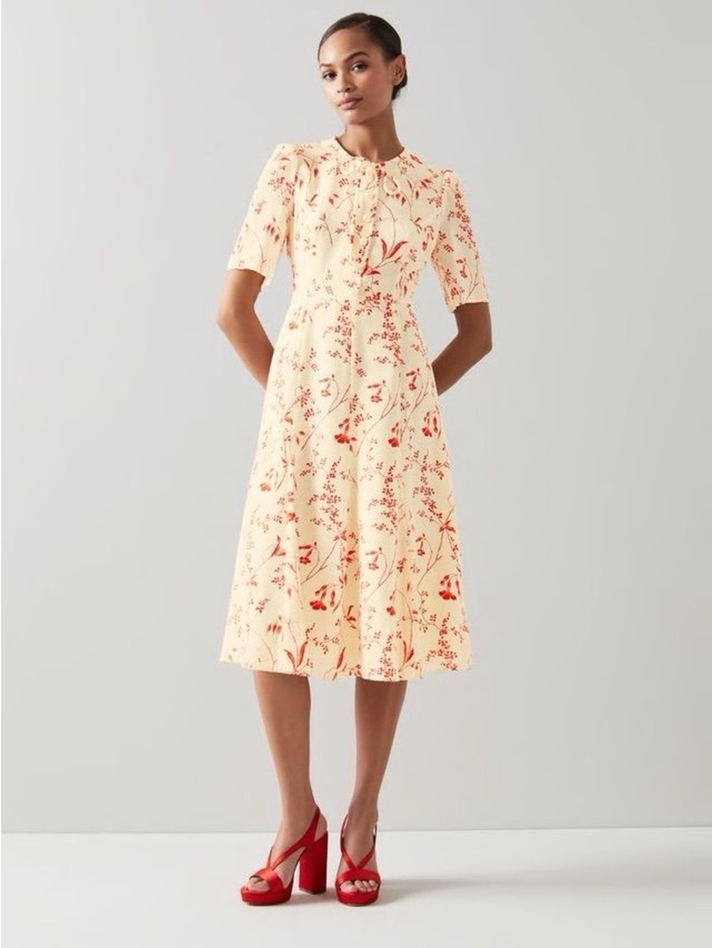 L.K. Bennett Cream Red Montana Botanical Silk Midi Dress Size 6